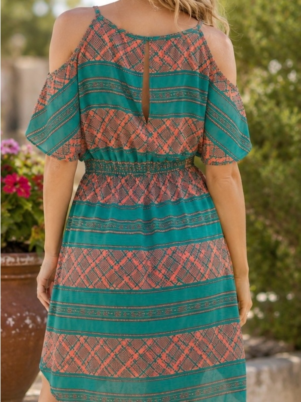 Sugar Lips Teal & Coral Geometric Print High Low Chiffon Dress Size Small